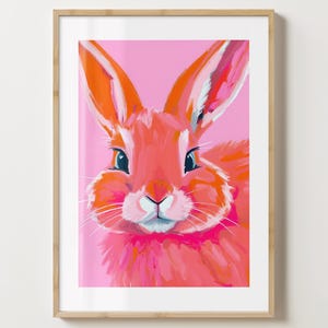 Impression d'art mural lapin rose et orange - affiche de lapin mignon - impression maison - impression unique - brillant ou mat - A5, A4, A3 ou téléchargement numérique