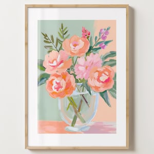 Impresión de jarrón con camelias naranjas y verdes - Póster de flores - Arte floral con camelias - Brillo o mate - Tamaño A5, A4, A3 o descarga digital
