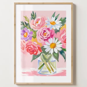 Impresión de jarrón de rosas y margaritas - Póster de flores coloridas - Arte floral - Brillo o mate - Tamaño A5, A4, A3 o descarga digital