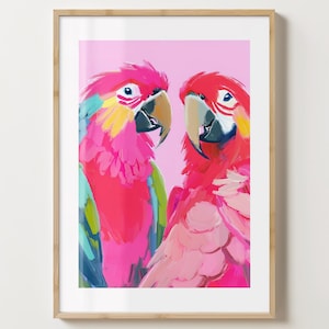 Impresión de arte de pared con loros rosados - Póster de pájaro colorido - Ilustración de pareja de loros - Brillo o mate - A5, A4, A3 o descarga digital