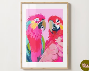 Impressão de arte de parede de papagaios rosa - pôster de pássaro colorido - ilustração de par de papagaios - brilhante ou fosco - A5, A4, A3 ou download digital