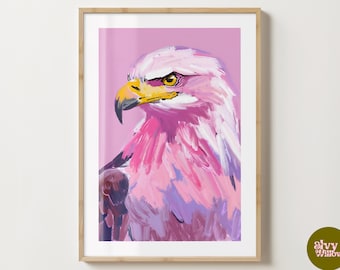Impression d'art mural pygargue à tête blanche violet et rose - Illustration d'oiseau - décor animalier - aigle américain - brillant ou mat - A5, A4, A3 ou téléchargement numérique