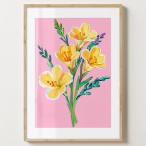 Pink & Gelb Freesien Blumen Druck - Blumen Poster - Moderne Freesien Kunst - Bar Warenkorb Druck - glänzend oder matt - A5,A4,A3 oder digitaler Download
