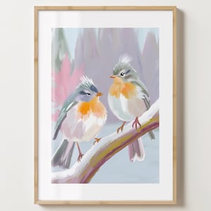 Impresión de arte de pared con escena de pareja de petirrojos azules - Póster elegante de pájaro de invierno - Arte navideño - Brillo o mate - A5, A4, A3 o descarga digital