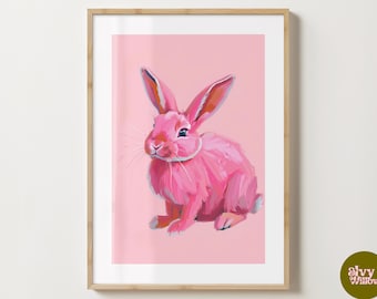 Könnte beinhalten: Ein rosa Kaninchen mit langen Ohren und Schnurrhaaren sitzt vor einem rosa Hintergrund. Das Kaninchen ist in einer stilisierten, fast cartoonartigen Weise gemalt, mit einem flauschigen Aussehen.