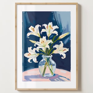 Blue & White Lilie Vase Wand Kunst Druck - Lilien Poster - Lilien Kunstwerk - Bunter Blumendruck - Matt oder Matt - A5,A4,A3,A2