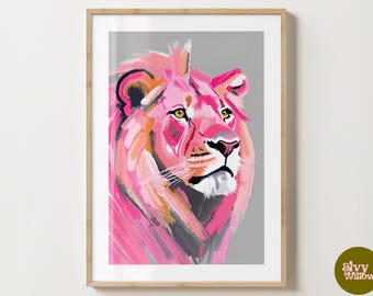 Grey & Pink Lion Wall Art Print - Lion Poster - Lion Wall Art Illustration - Unique Gift Idea A5,A4, A3, A2 Matte Gloss or Digital Download