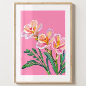 ピンクのフリージアの花のプリント - 花のポスター - モダンなフリージアアート - バーカートプリント - 光沢またはマット - A5、A4、A3 またはデジタルダウンロード