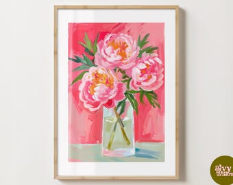 Impression de bouquet de pivoines roses - Poster élégant de fleurs de pivoines - Fleurs modernes - Impression de chariot de bar - Impressions maximalistes de fleurs de pivoines esthétiques