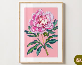 Impression de tige de pivoine rose - Poster élégant de fleurs de pivoine - Fleurs modernes - Impression de chariot de bar - Impressions maximalistes de fleurs de pivoines esthétiques