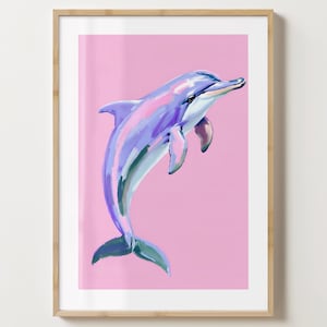 Pink Delfin Wand Kunst Druck - Marine Leben Dekor - Süße Delfin Illustration - Skurril Druck - Glanz oder Matt - A5,A4,A3 oder digitaler Download