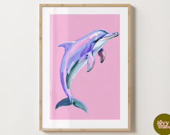 Puede incluir: Un delfín morado y rosa saltando fuera del agua sobre un fondo rosa. El delfín está pintado en un estilo estilizado y abstracto.