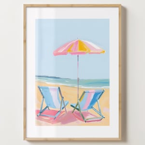 Impresión de arte de pared con playa azul y tumbona - Póster elegante del océano - Impresión de paisaje marino - Brillo o mate - A5, A4, A3 o descarga digital