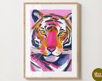 Pink Trendy Tiger Wall Art Print - Tiger Print - Stylish Wildlife Modern Illustration  - Gloss or Matte - A5,A4,A3 or Digital Download