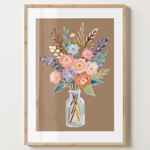 Impresión de jarrón de flores marrón y rosa - Póster floral colorido - Arte floral - Brillo o mate - Tamaño A5, A4, A3 o descarga digital