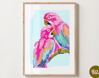 Impressão de arte de parede de papagaios azuis e rosa brilhantes - pôster de pássaros coloridos - ilustração de papagaios - brilhante ou fosco - A5, A4, A3 ou download digital