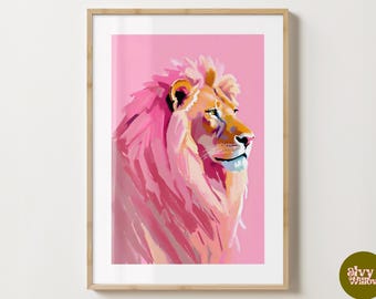 Pink Trendy Colourful Lion Wall Art Print - Stylish Lion Poster - Modern Lion Illustration - Gloss or Matte - A5,A4,A3 or Digital Download