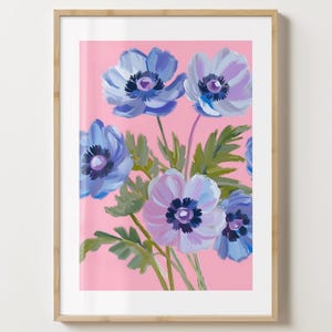 Rosa & Blaue Mohnblumen Blumendruck - Blumenposter - Moderne Mohnblumenkunst - Barwagendruck - glänzend oder matt - A5,A4,A3 oder digitaler Download