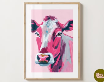 Väggkonsttryck med rosa ko - Dekorativ poster med bondgårdsdjur - Ko-poster - Färgglad heminredning - Glansig eller matt - A5, A4, A3 eller digital nedladdning