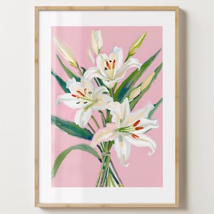 Pink & White Lilie Wand Kunst Druck - Lilien Poster - Lilien Kunstwerk - Bunter Blumendruck - Matt oder Matt - A5,A4,A3