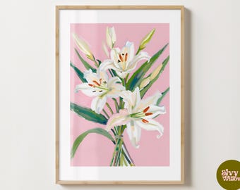 May include: A painting of a bouquet of white lilies with green stems and leaves on a pink background.