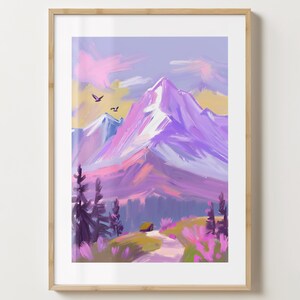 May include: A painting of a purple mountain range with a path leading to a small cabin. The sky is a light blue with pink clouds. There are birds flying in the sky.