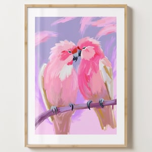Impresión de arte de pared con pájaros enamorados rosados - Póster de dos pájaros - Impresión artística colorida - Idea de regalo única - Brillo o mate - A5, A4, A3 o descarga digital