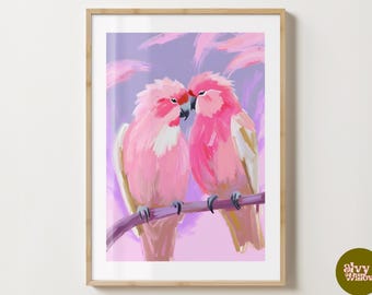Impression d'art mural tourtereaux roses - affiche de deux oiseaux - impression d'art colorée idée cadeau unique - brillant ou mat - A5, A4, A3 ou téléchargement numérique