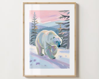 Pinke Weihnachtseisbär Szene Wand Kunst Druck - Stylisches Winter Poster - Weihnachts Kunst - glänzend oder matt - A5,A4,A3 oder digitaler Download