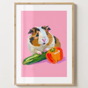 Pink Guinea Pig & Vegetables Print - Guinea Pig Wall Art - Guinea Pig Poster - Gloss or Matte Poster - A5,A4,A3 or Digital Download