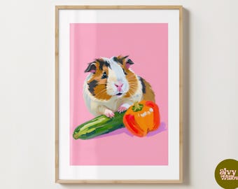Pink Guinea Pig & Vegetables Print - Guinea Pig Wall Art - Guinea Pig Poster - Gloss or Matte Poster - A5,A4,A3 or Digital Download