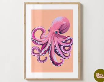 Pink Octopus Wall Art Print - Ocean Inspired Decor - Marine Life - Cute Animal Prints - Gloss or Matte - A5,A4,A3 or Digital Download