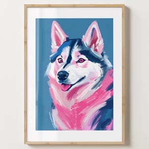 Impression d&#39;art mural Husky bleu - chien - poster Husky sibérien rose - idée cadeau unique - brillant ou mat - A5, A4, A3 ou téléchargement numérique