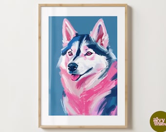 May include: A colourful painting of a husky dog with pink and blue fur against a blue background.