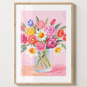 Impresión de jarrón de rosas y margaritas - Póster de flores coloridas - Arte floral - Brillo o mate - Tamaño A5, A4, A3 o descarga digital