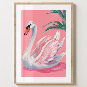 ピンクの白鳥のウォールアートプリント - 白い白鳥のポスター - カラフルなアートプリント - ピンクの動物アートポスター - 光沢またはマット - A5、A4、A3 またはデジタルダウンロード