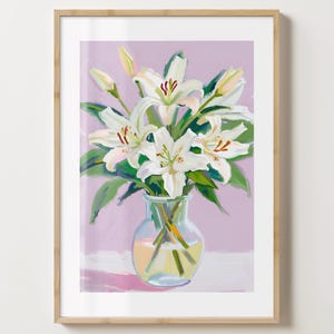 Lila & weiße Lilie Vase Wand Kunst Druck - Lilien Poster - Lilien Kunstwerk - Bunter Blumendruck - Matt oder Matt - A5,A4,A3,A2