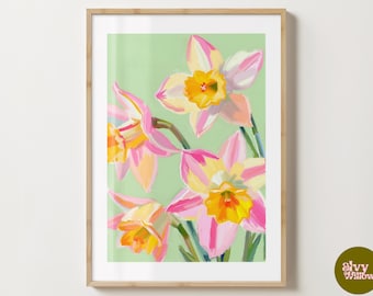 Green Daffodil Wall Art Print - Daffodils Poster - Floral Gift Idea - Colourful Prints - Gloss or Matte - A5,A4,A3,A2 Digital Download