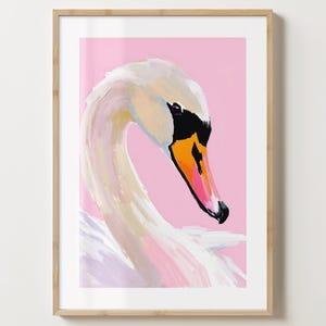 ピンクの白鳥のウォールアートプリント - 白い白鳥のポスター - かわいい保育園のプリント - 光沢またはマット - A5、A4、A3 またはデジタルダウンロード