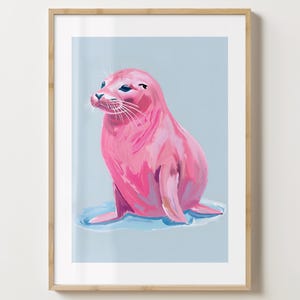 ブルー＆ピンクのアザラシのウォールアートプリント - アザラシの動物のポスター - かわいい動物の海の生き物のカラフルなプリント - 光沢またはマット - A5、A4、A3 またはデジタルダウンロード