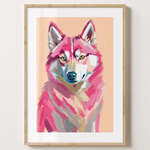 Reproduction murale husky rose - chien - poster husky sibérien rose - idée cadeau unique - brillant ou mat - A5, A4, A3 ou téléchargement numérique