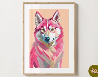 May include: A pink and white wolf with blue eyes is painted in a stylised, abstract style against a peach background. The wolf's fur is painted with brushstrokes, giving it a textured look.