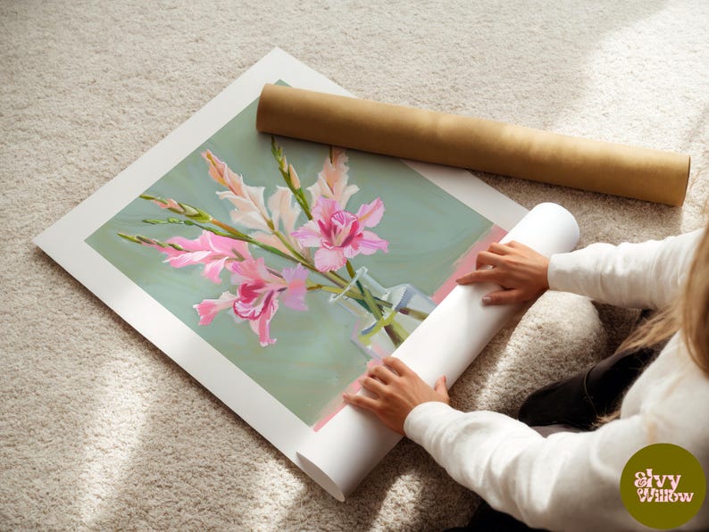 May include: A painting of pink gladioli flowers in a clear glass vase on a green background.