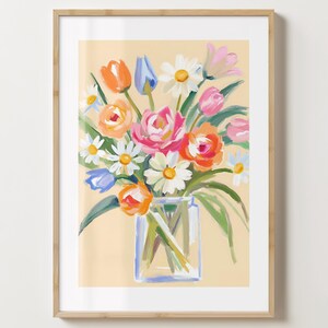 Ramo de rosas beige y margaritas en jarrón - Póster de flores de colores - Arte de ramo de flores - Brillo o mate - Tamaño A5, A4, A3 o descarga digital