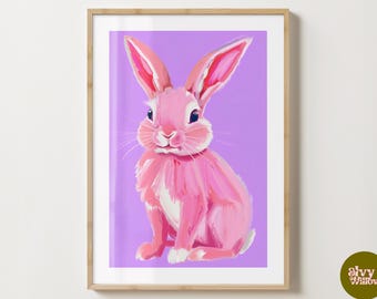 Purple & Pink Rabbit Wall Art Print - Cute Bunny Poster - Bright Prints - Colourful Prints - Gloss or Matte - A5,A4,A3 or Digital Download