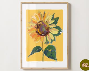 Impresión de girasol amarillo - Póster floral con estilo - Diseño floral moderno - Estampados maximalistas - Arte floral mate brillante - Tamaño A5, A4, A3 o descarga digital
