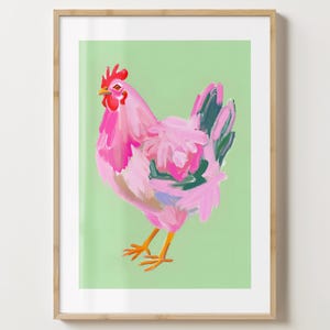 Art mural poulet vert et rose - affiche murale poulet - impressions de cuisine rose - affiche lumineuse - brillant ou mat - A5, A4, A3 ou téléchargement numérique