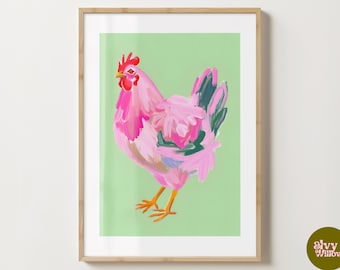 Green & Pink Chicken Wall Art - Chicken Wall Poster - Pink Kitchen Prints - Bright Poster - Gloss or Matte - A5,A4,A3 or Digital Download