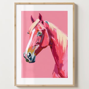 ピンクの馬のウォールアートプリント - スタイリッシュなポニーポスター - ユニークな馬好きへのギフトアイデア - 光沢またはマット - A5、A4、A3 またはデジタルダウンロード