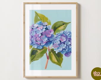 Blue Hydrangeas Print - Stylish Flower Poster - Floral wall art - Flower Bunch Print  - Gloss or Matte - A5,A4,A3 or Digital Download